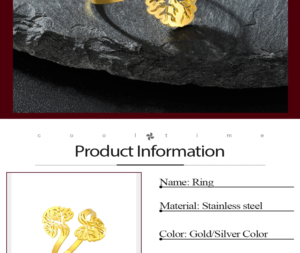 CoolTime Vintage Goldfarbene Damenringe Doppelter Lebensbaum Offener Ring Edelstahl Ausgehöhlter Spiritueller Schmuck Geschenk – Detail 2
