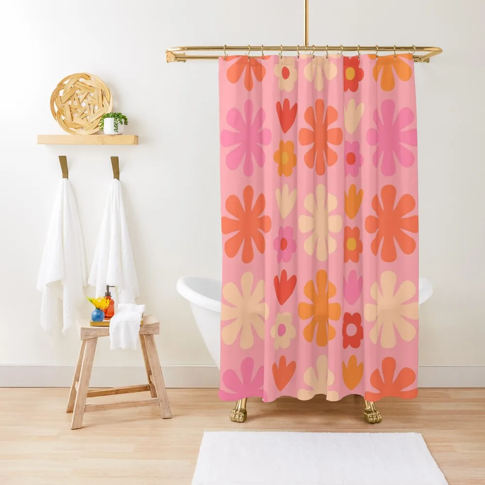 Scandi Floral Grid Retro Flower Pattern Pink Orange Cream Shower Curtain Bathroom Fabric Modern Accessory Bathrooms Curtain