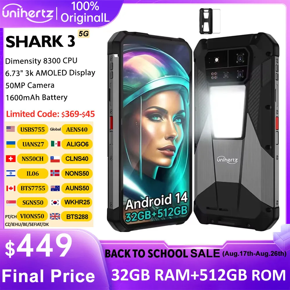 Прочный смартфон Unihertz Shark 3 от 8849, Android 14 3K AMOLED-дисплей, 32 ГБ ОЗУ, 512 ГБ ПЗУ, размер 8300, процессор, мобильный телефон