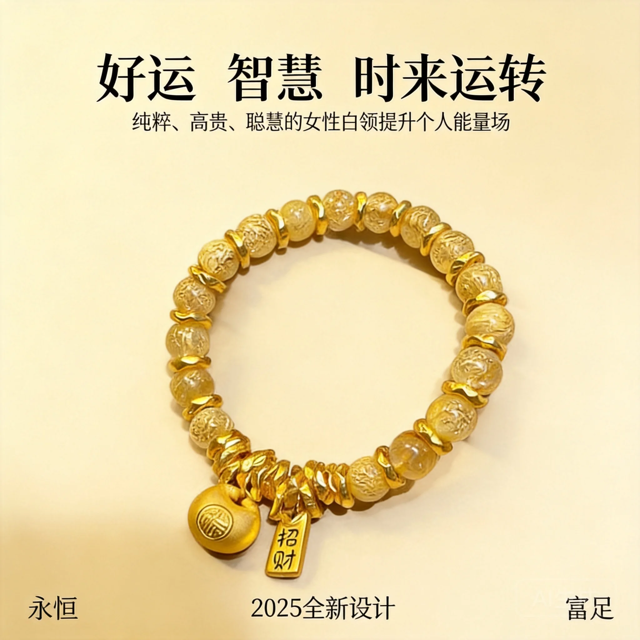 

24k Real Gold Plated S925 Silver Natural Rutilated Quartz Citrine Beaded Bracelet Chinese Style Fu Bag Lucky Fortune Blessing
