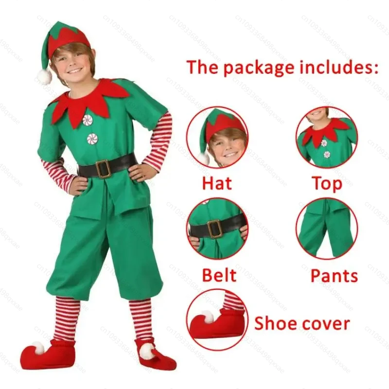 2025 Family Green Christmas Elf Cosplay Costume Santa Claus Outfits for Men Women Girls Boys Xmas New Year Fancy Dress Suit
