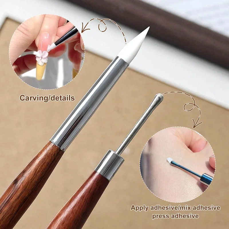 Set de 3 pinceles de doble punta para arte en uñas, bolígrafo de tallado y escultura de silicona, suministros para uñas DIY, pincel para pintar flores, herramienta de arte en uñas 2