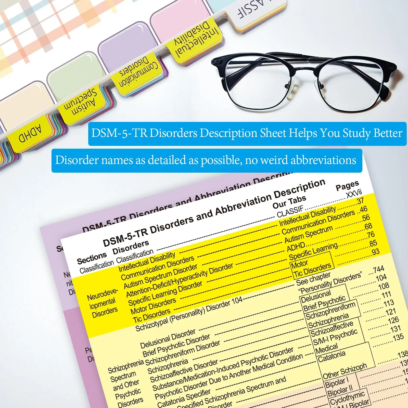100-Pack Colorful & Laminated Dsm-5-Tr Tabs With Alignment Guide And Disorder Descriptions - Essential For Mental Health