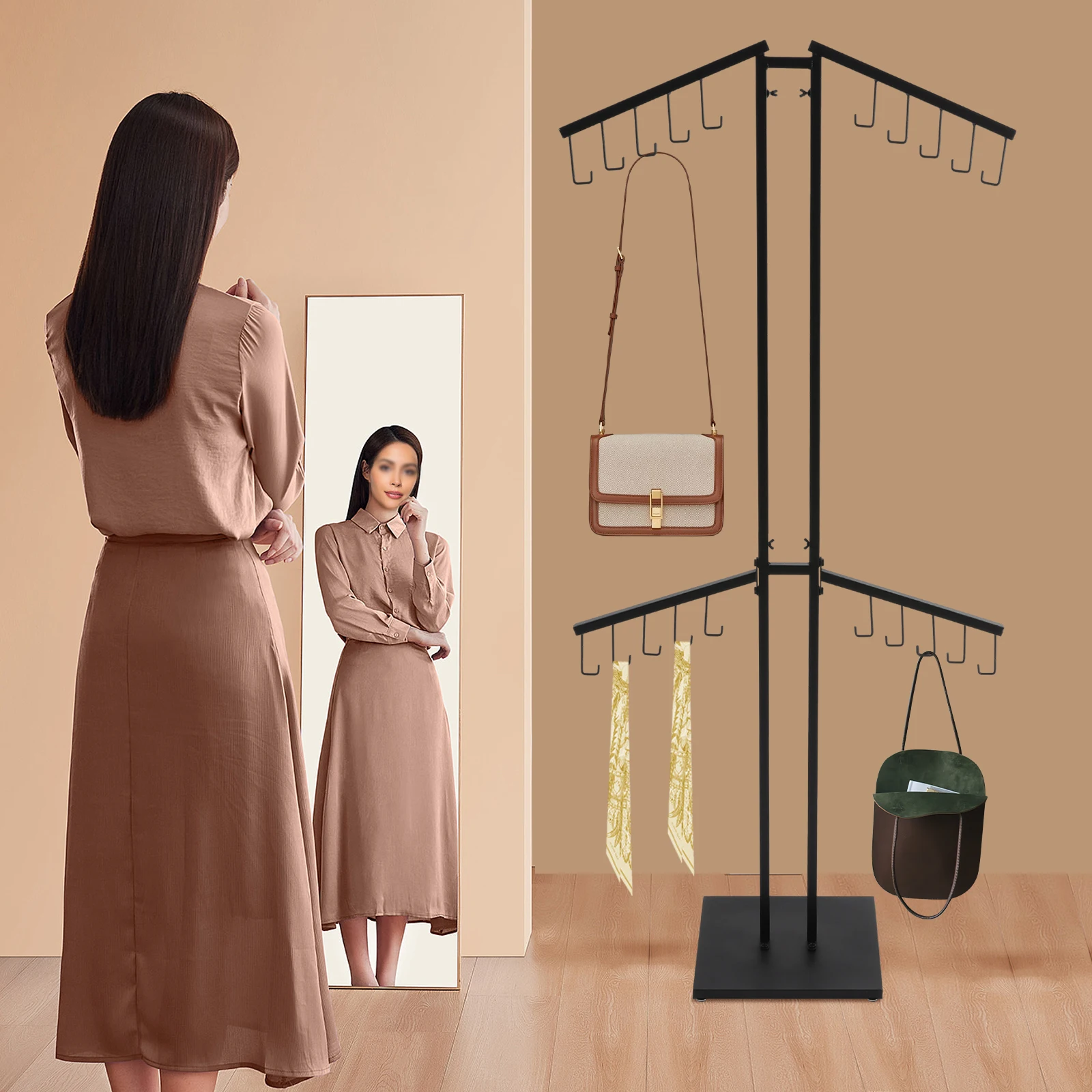 

Four Arm Handbag Display Rack Black High-temperature Baking Paint Handbag Display Stand Free Standing
