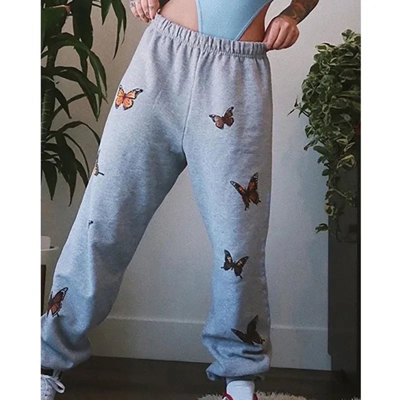 Grey Long Pants Women Fashion Butterfly Printed Pants High Waist Sports Running Cargo Pants Casual Streetwear Sweatpant Trousers