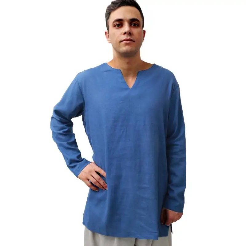 DAZCOS القرون الوسطى فايكنغ الكتان تونك الرجال طويلة الأكمام فايكنغ Undertunic بلون القرون الوسطى تونك ل LARP فايكنغ عصر النهضة