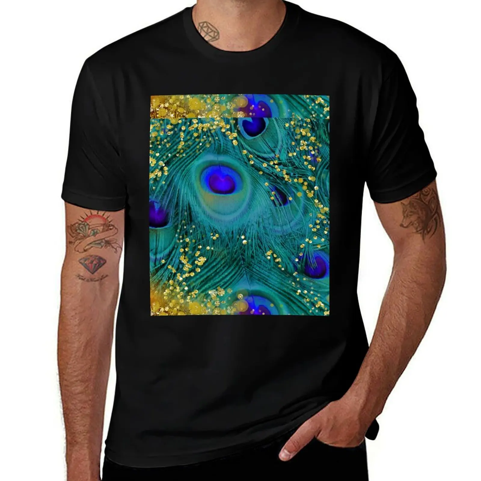 

Dreamy peacock feathers, teal and purple, glimmering gold T-Shirt t shirt for man 100 percent cotton T-Shirt