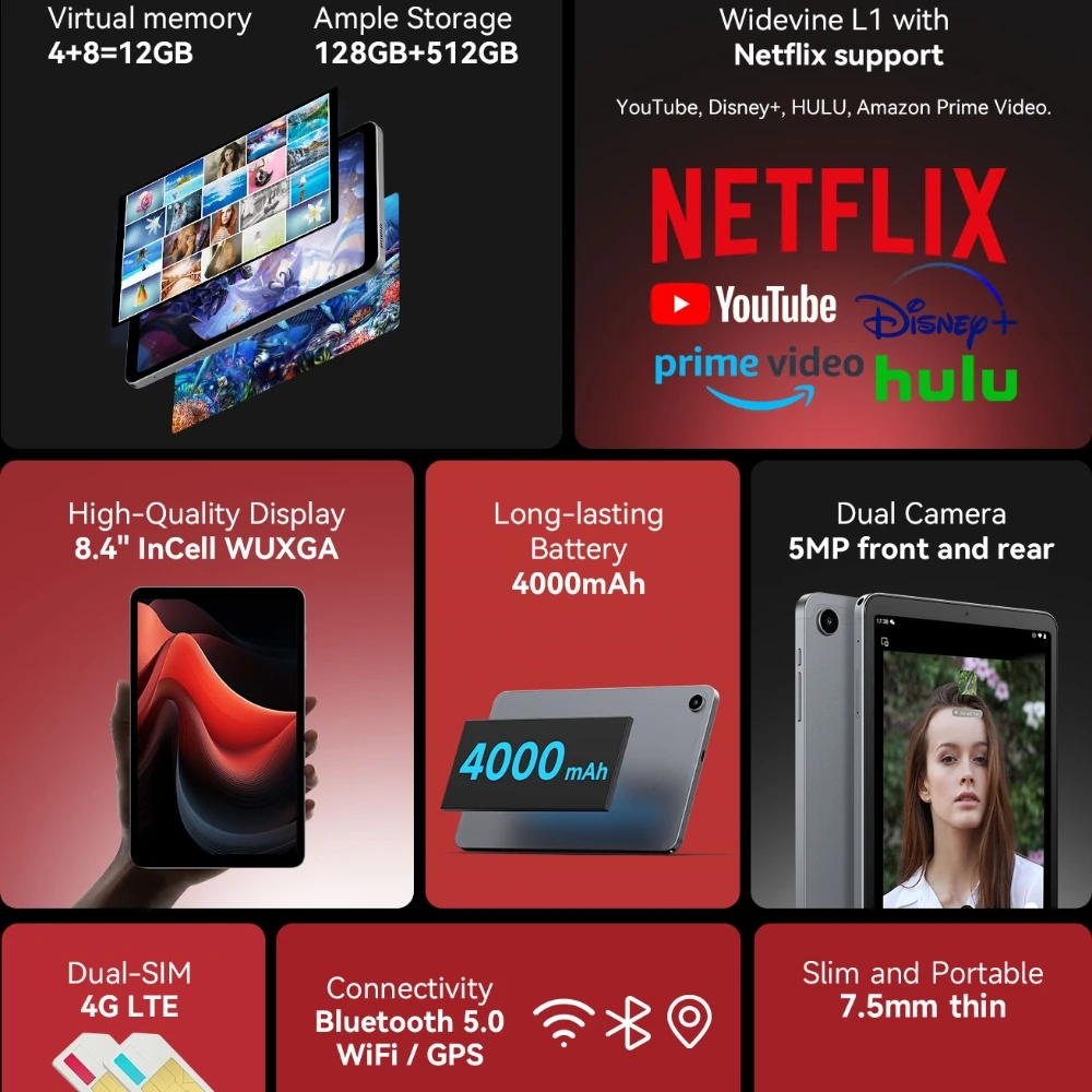 Alldocube iPlay50 Mini Android13 Netflix L1 memoria virtuale 8GB + 4GB RAM 128GB ROM 4G Dual Sim Card Tablet 8.4"