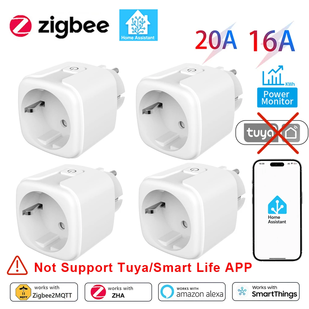 Умная розетка Zigbee EU для домашнего помощника, умная розетка 20A/16A с функцией мониторинга мощности, управление через приложение, работает с Alexa Z2M