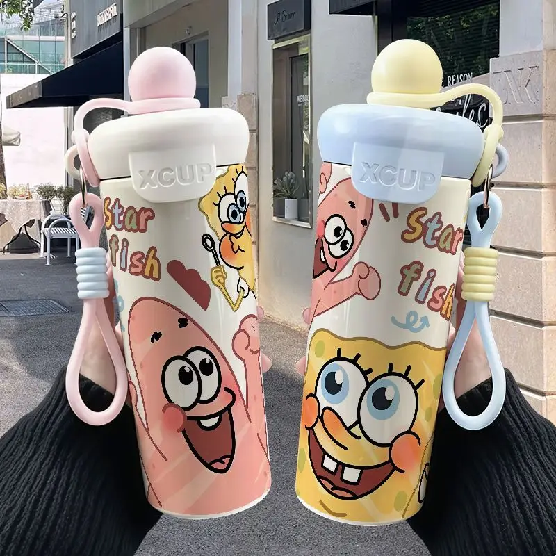 

Cute SpongeBob Patrick Stainless Steel Cup Insulated Tumbler with Lanyard Kawaii Cartoon Portable Thermos Cup Daily Travel Gift