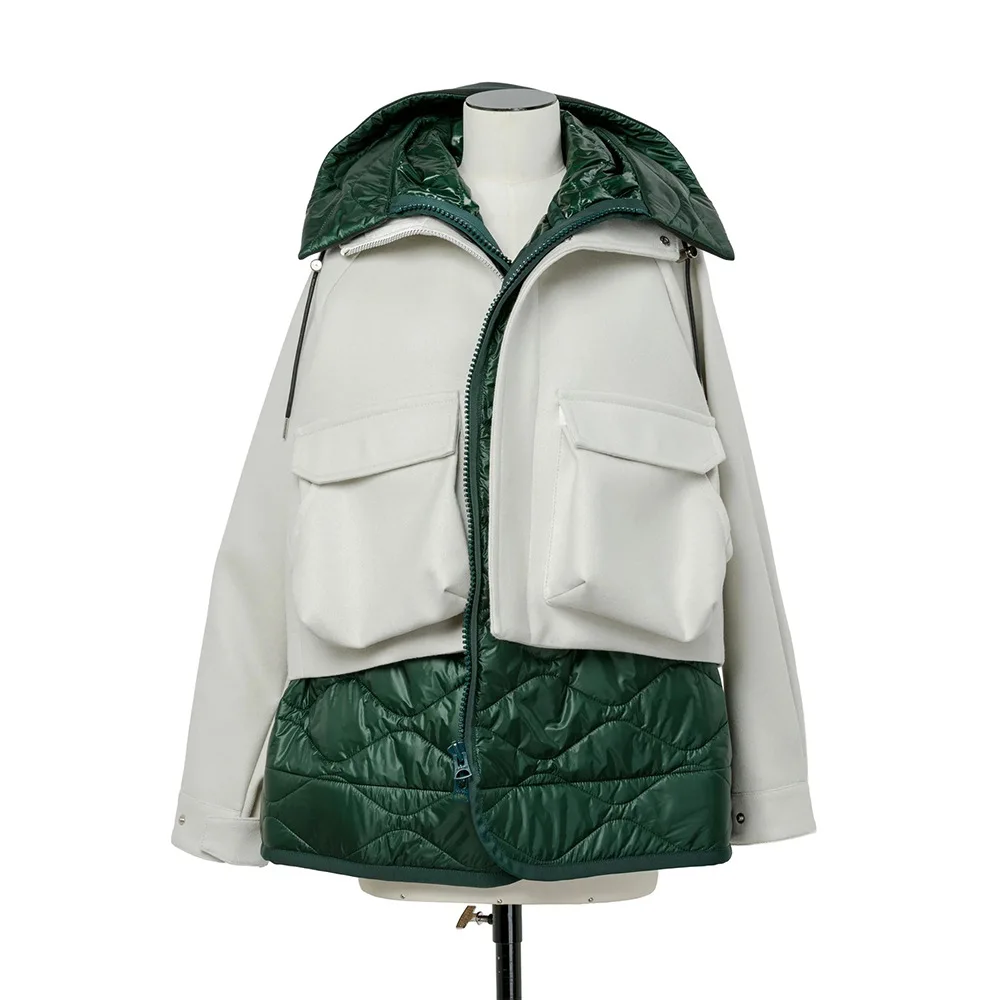 

2025 Winter Women Hooded Cotton Jacket Fake Two Piece Color Block Thick Coat Large Pockets