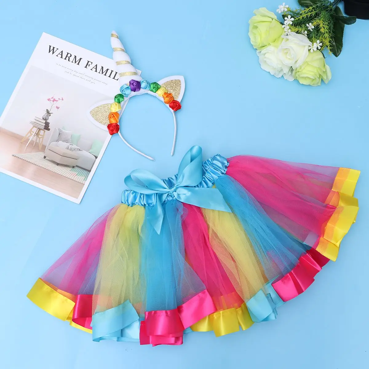 Unicorn Costume Girls Rainbow Skirt Set Breathable Mesh Yarn Tiered Ruffle Elastic Waist Bow Ribbon Adjustable Straps Perfect