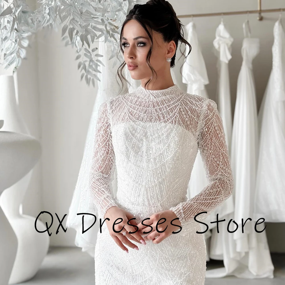 Customized White O-neck Tulle Simple Evening Dress ILLUSION Full Sleeves Watteau Train Party Dress Mermaid Floor Length Gown