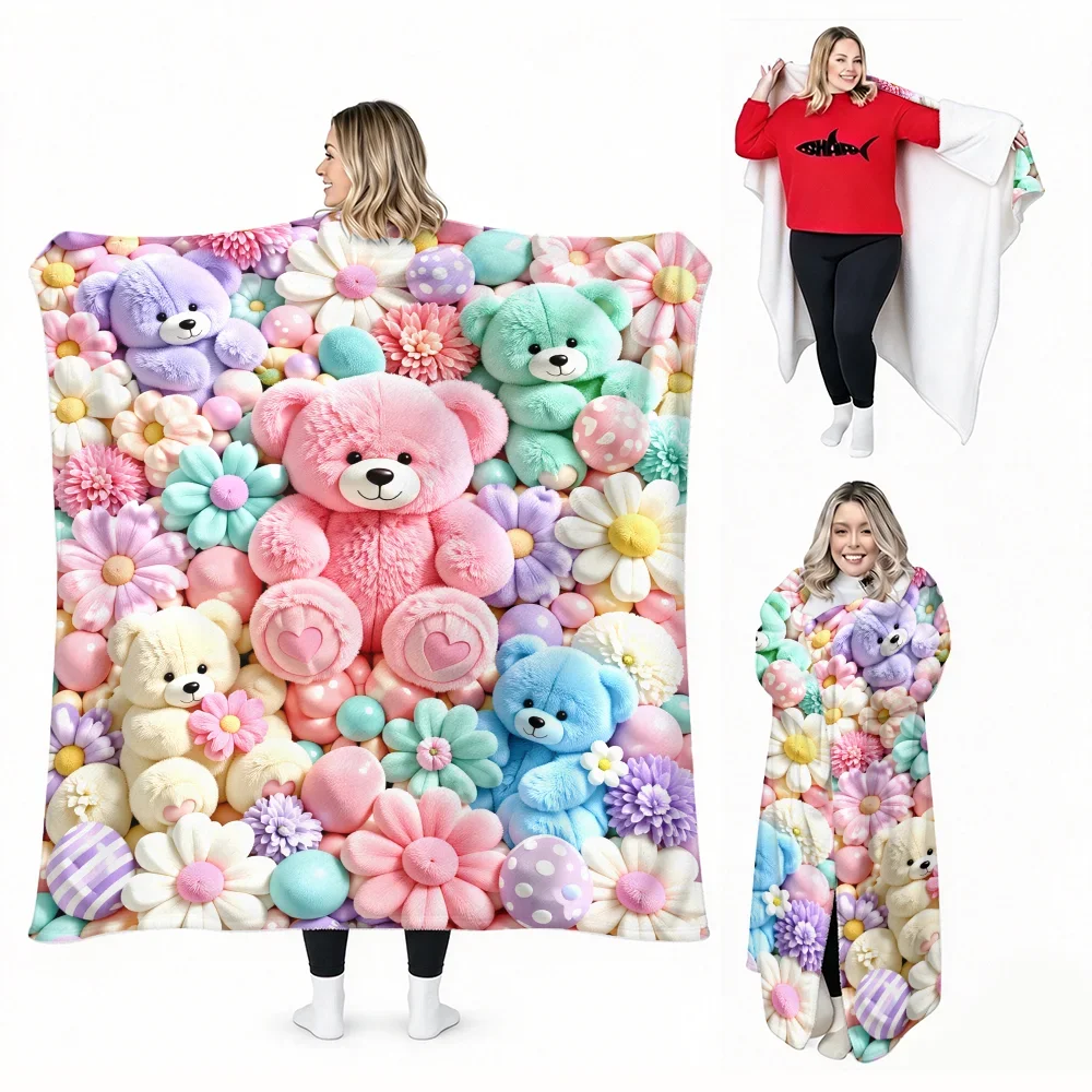 1pc Floral Teddy Bear Print Wearable Blanket-Soft and Comfortable. Perfect for cozy breaks, gifts, and everyday comfort.