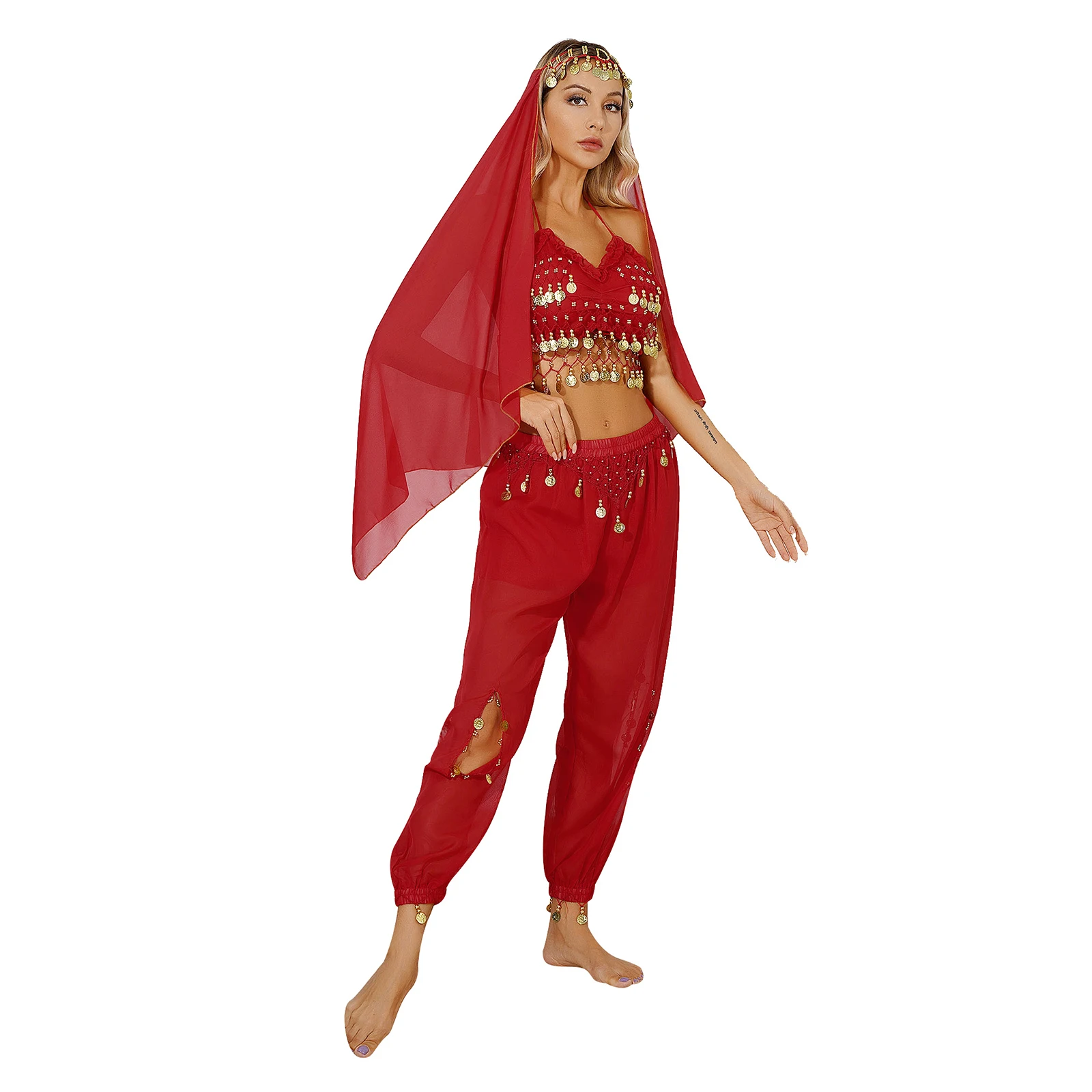 Womens Belly Dance Outfit Shiny Tassels Crop Top Harem Pants for Stage Performance Halloween Carnival Latin Jazz Dancing Costume