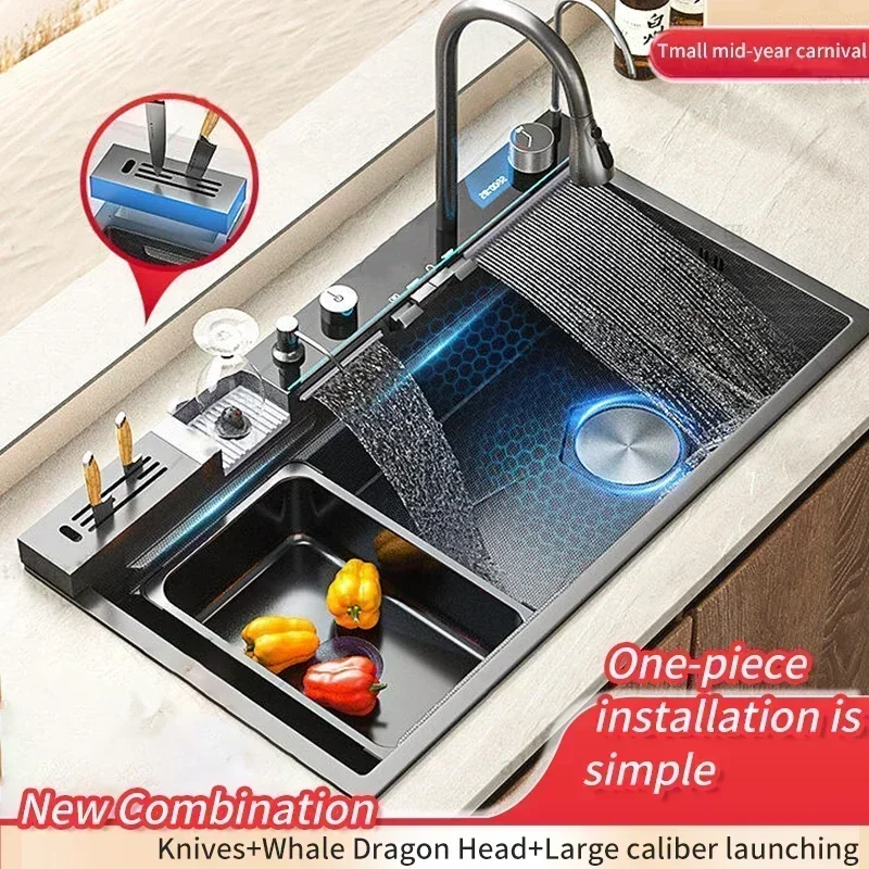 Digital Display Stainless Steel Kitchen Sink Waterfall Right Side Undermount Washing Vegetable Basin Household Large Single Sink