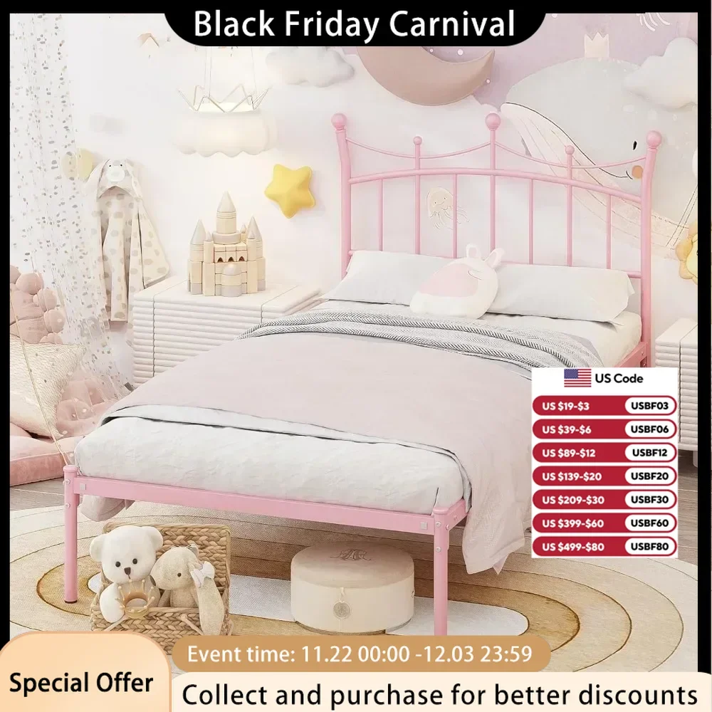 Child Bed, Elegant Princess Bed for Girls, Heavy-duty Metal Platform Bed Easy To Assemble, Storage Space Under The Bed