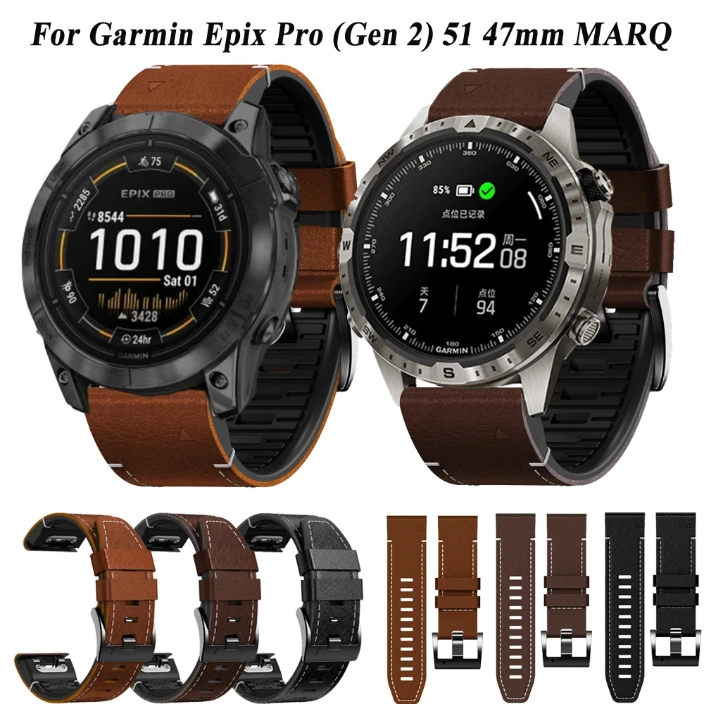 レザーとシリコンの時計バンド,Garmin pix pro 2用,fenix 7 6 6x 5 5x plus 26 22mm,スマートウォッチ51mm, 47mm