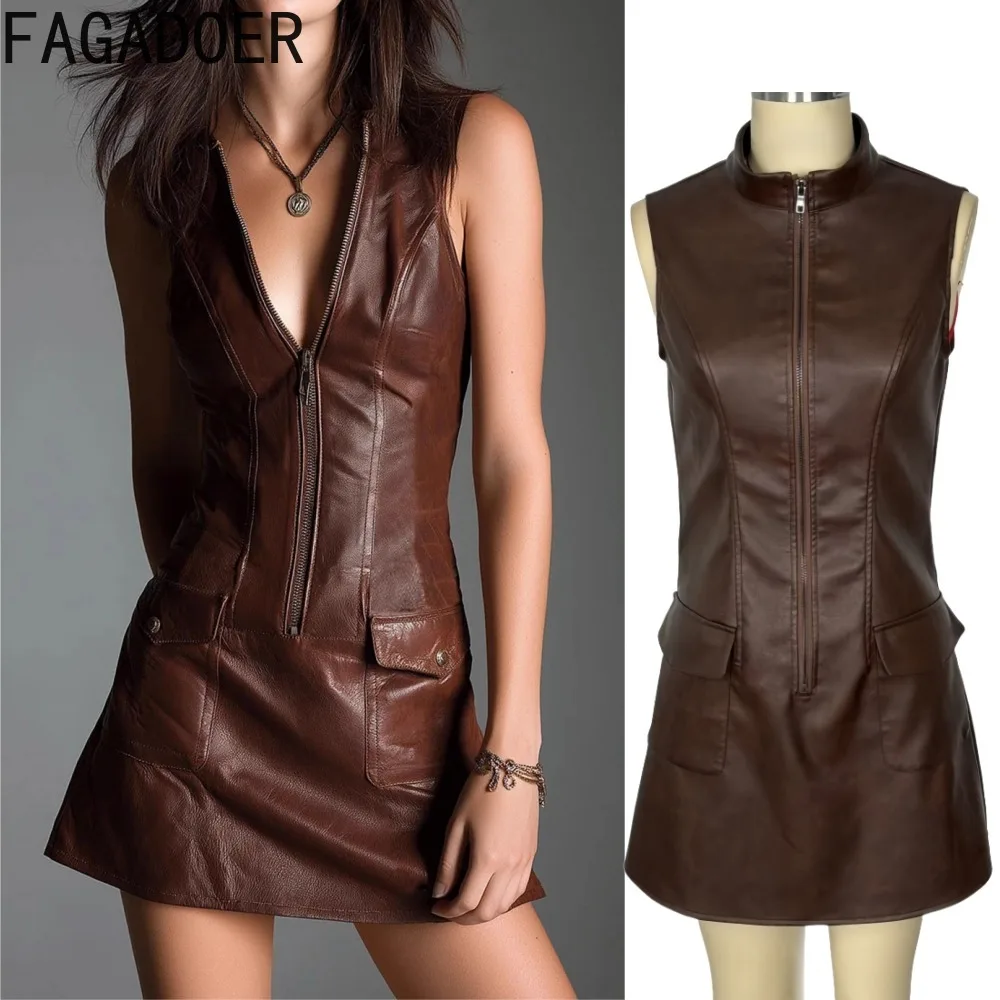 

FAGADOER модные кожаные облегающие платья на молнии в стиле пэчворк для женщин, однотонное платье без рукавов, женская уличная одежда, Vestidos, новинка