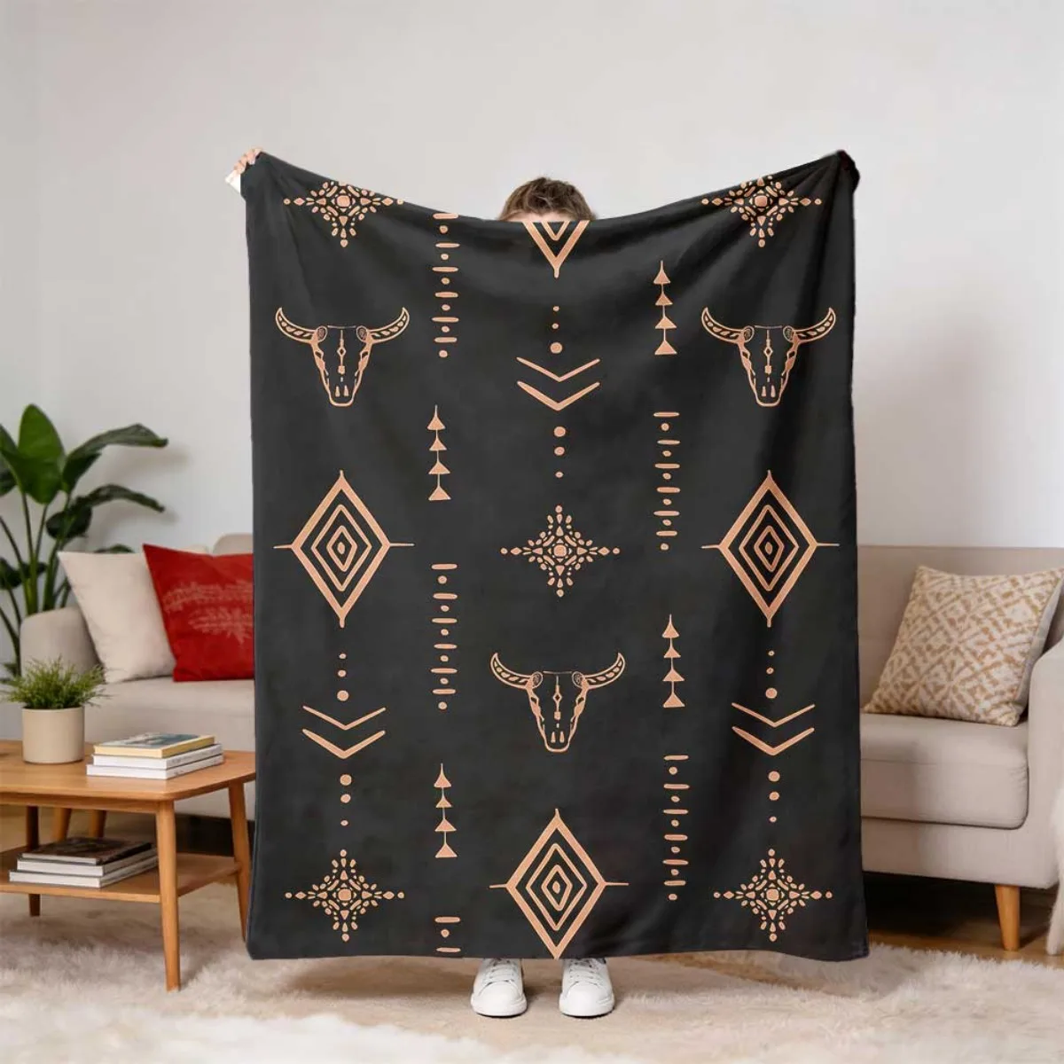 Boho Southwest Bull Skull Diamond Tribal Fleece Blanket, Dark Base Copper Ethnic Line Pattern Cozy Throw for Camping Living Room