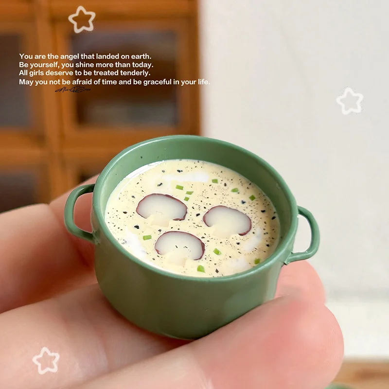 Olla de sopa de setas y crema a escala 1/12, miniaturas hechas en horno, casa de muñecas, cocina, artesanía, sopa de crema, juguetes modelo para juego de imitación