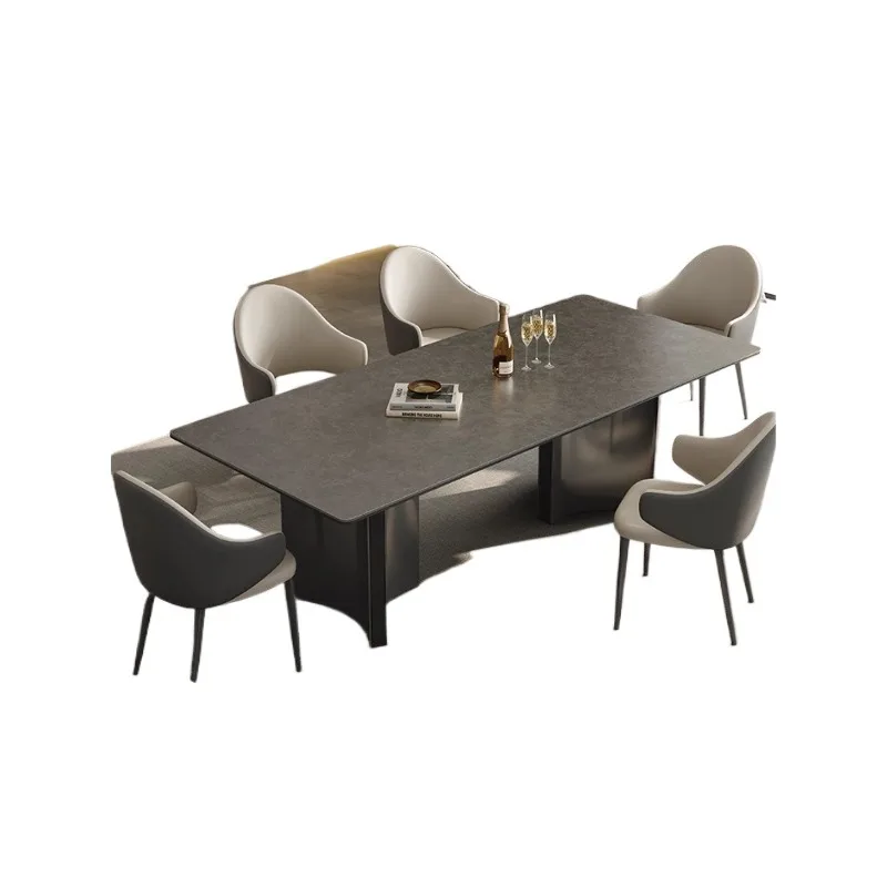 

Italian light luxury simple black new dining table villa modern high-end rectangular rock slab dining table and chairs househol