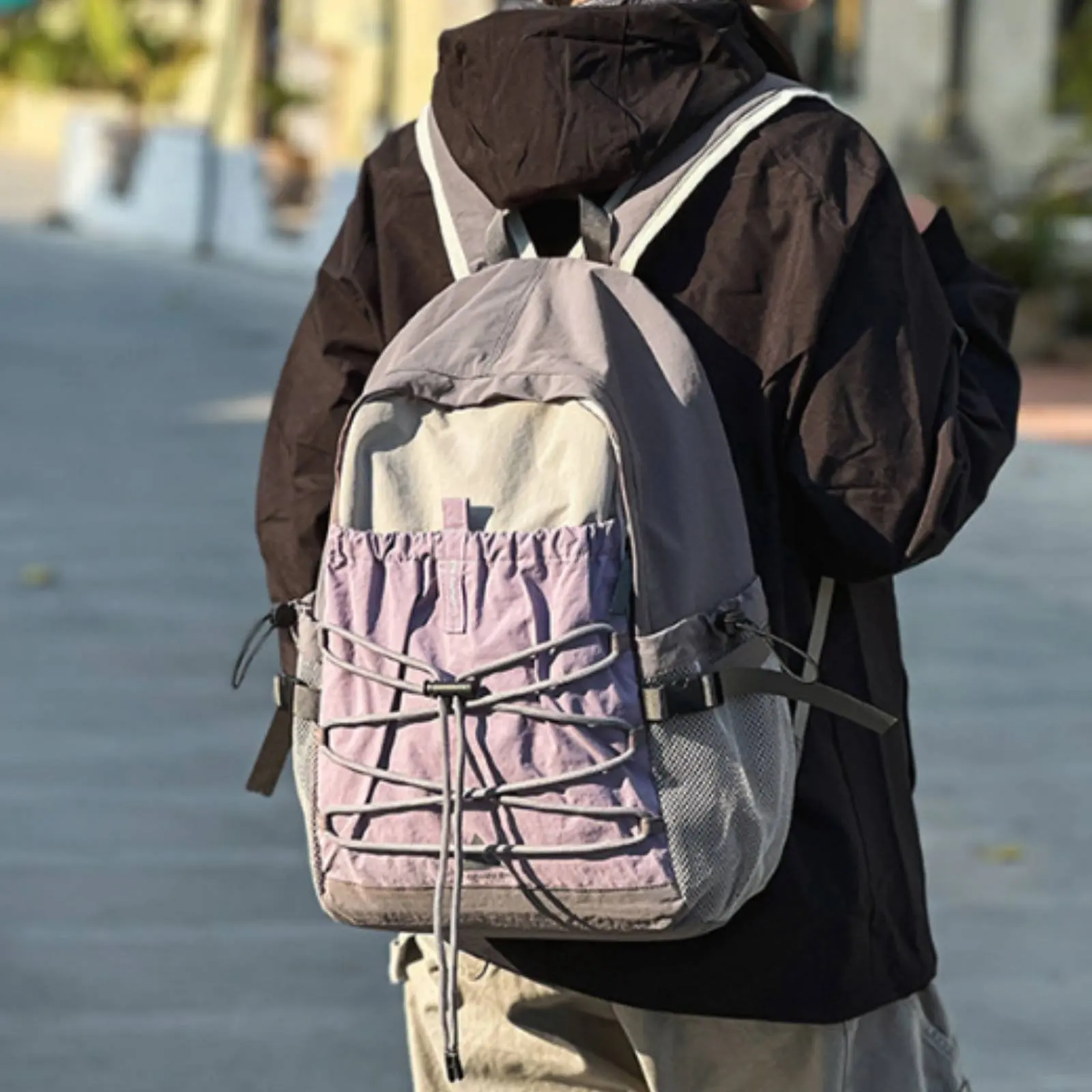 

Relaxed Travel Daypack Large Capacity Drawstring Front Rucksack Lightweight Nylon Backpack Side Pockets for Students, Hiking