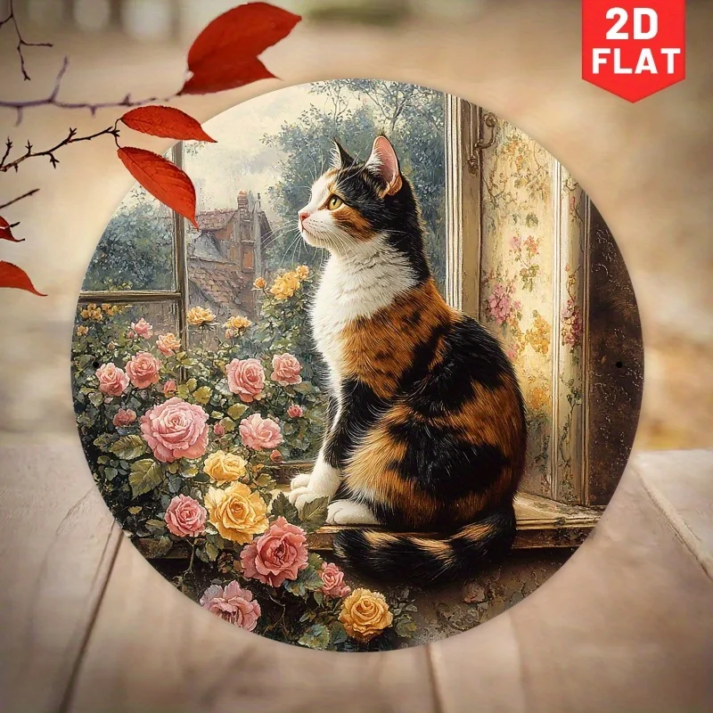 2D Flat, 1pc Vintage Calico Cat Iron Wall Decor - 7.87 Inch Round Rustic Metal Art with Floral & Window Scene, Indoor/Outdoor Ho