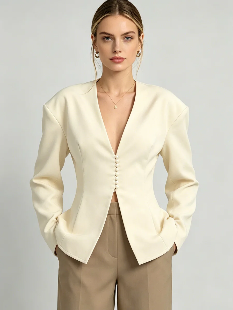 Blazer elegante de mujer LIMO, color crema, con cuello en V, manga larga, dobladillo peplum, corte ajustado, para oficina o fiesta.