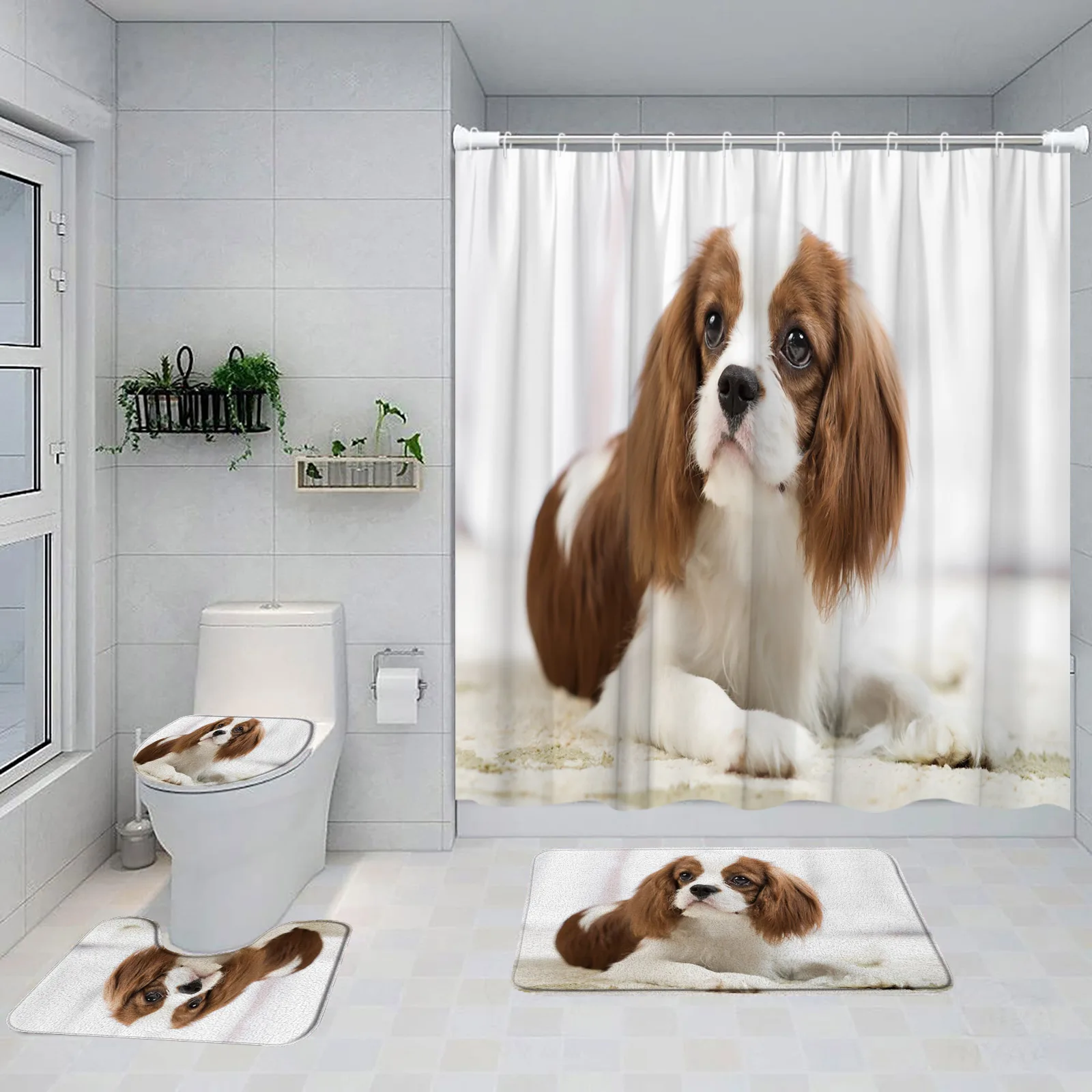 Funny Dog Shower Curtain Set Cute Animal Pet Grey Bath Curtain Home Bathroom Decor Carpet Non-Slip Rug Bath Mat Toilet Lid Cover