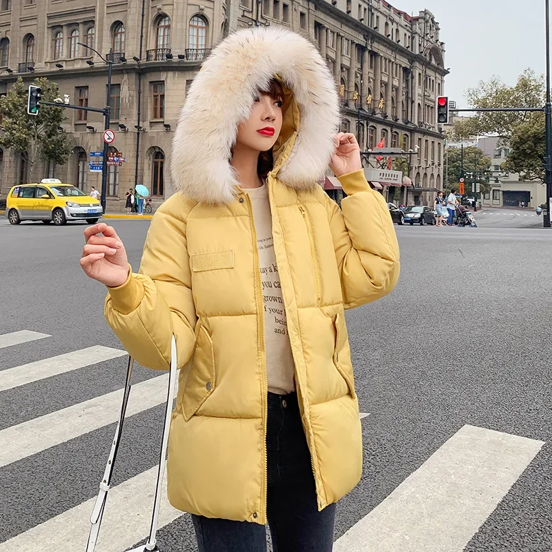 

Women Fashion Winter Outerwear Long Sleeve Cotton Hooded Jacket Loose Parka Plus Size Red Overcoat Ladies Faux Fur Collar Coat