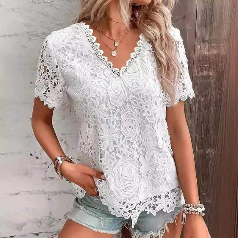 

Summer Women's Shirt White Short Sleeve Lace Double Layer Black T-shirt V-neck Elegant Red Fashion Blouse for Female