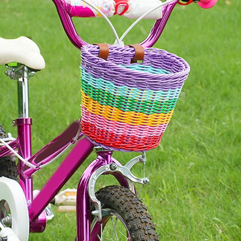 Childrens Bicycles Basket Rainbow Color Plastic Wovens Bikes Basket for Boy Girl Dropshipping