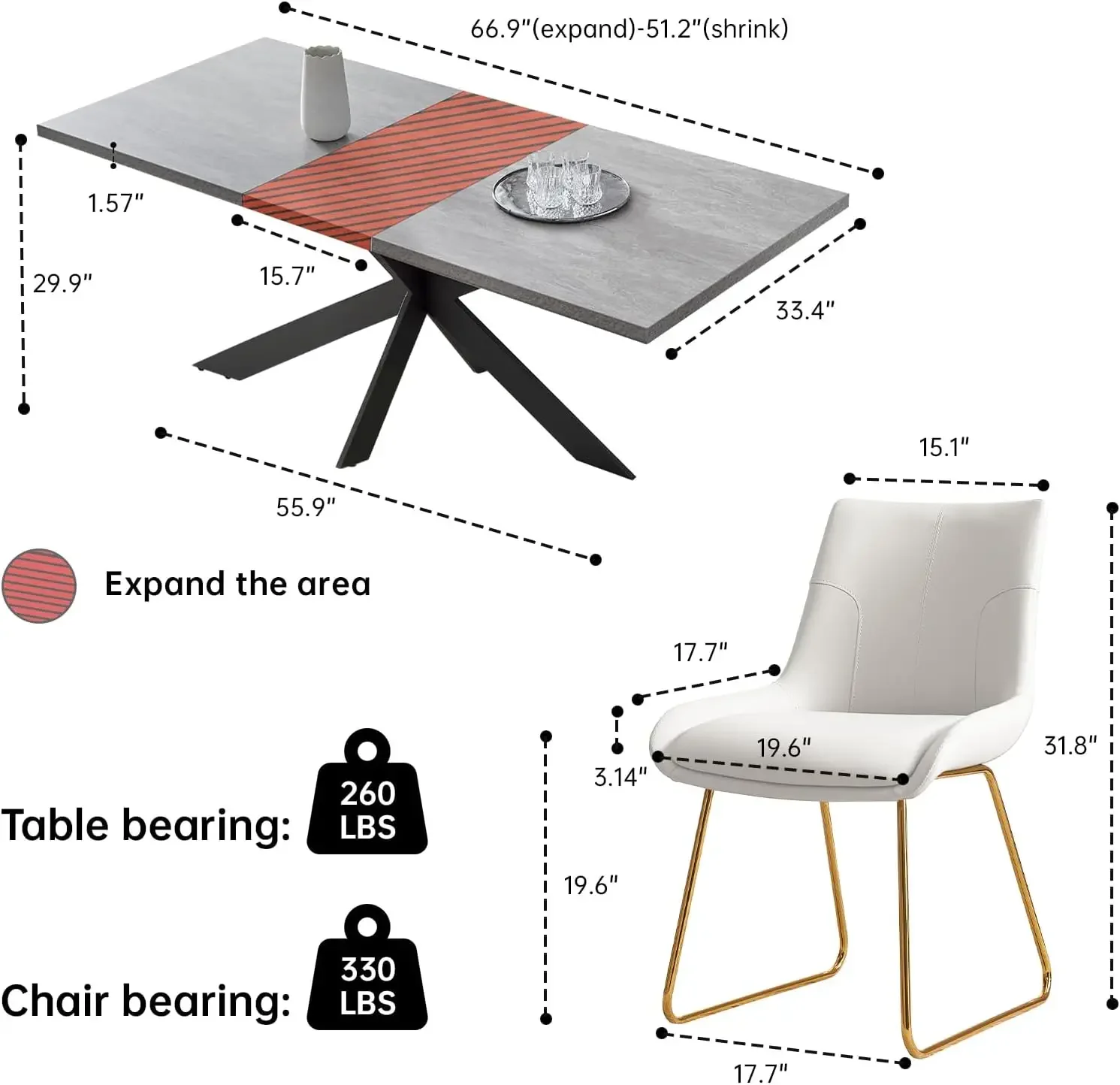 Table Set 6-8 Person Kitchen Table and Chairs Modern Extendable Dining Table with 6 Leather Upholstered Dining Chairs