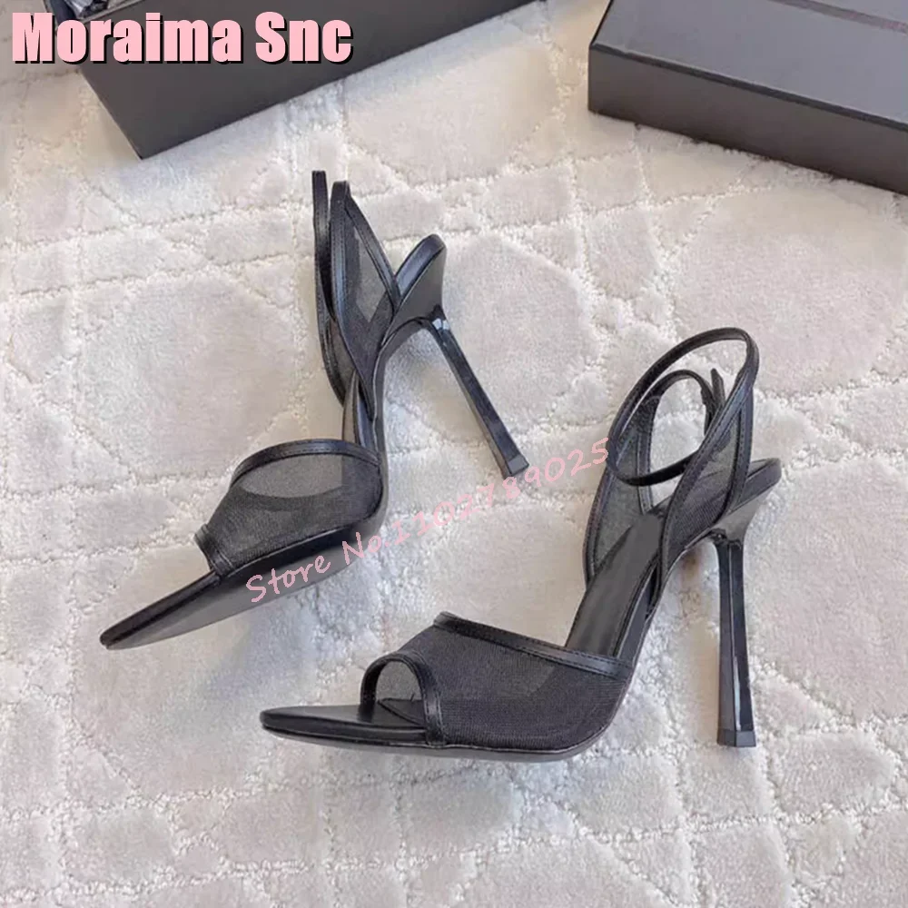 2026 موضة جديدة شبكة براءات الصنادل الجلدية أشار المفتوحة تو الكاحل مشبك أسود مثير النساء فستان أحذية الصيف مأدبة الطرف #5