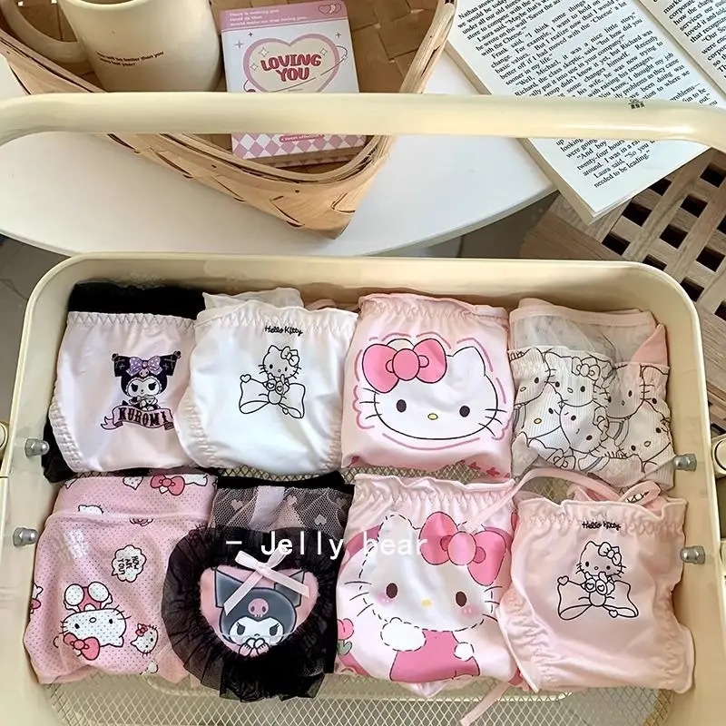 

Hello Kitty Japanese Cartoon Mid-Waist Panties Women Cute Girlish Cotton Crotch Tie Briefs Y2K Women Underwear