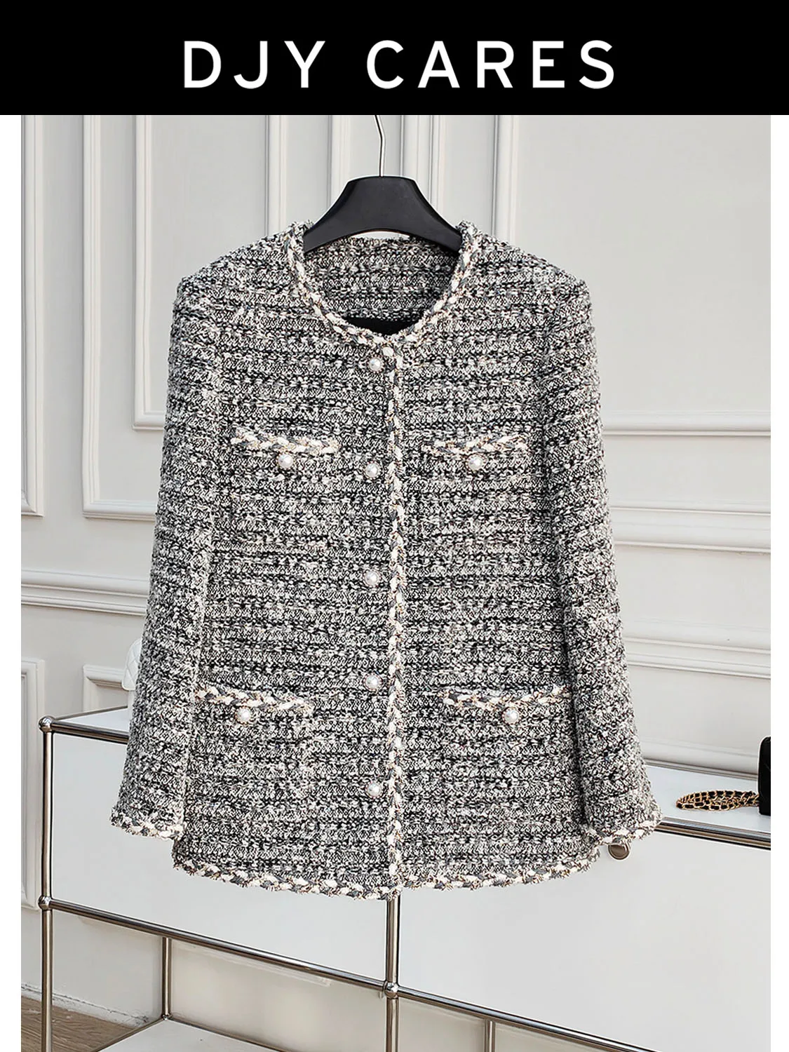 

New Coarse tweed and cotton thickened warm and slimming high-end gray medium long jacket big size