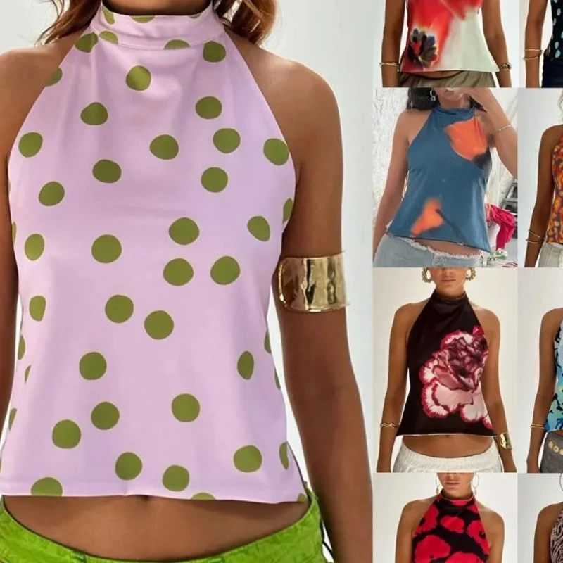 

Женские укороченные топы Y2K с застежкой на пуговицах, с воротником-халтером, без рукавов, с открытой спиной, в эстетическом стиле с точками