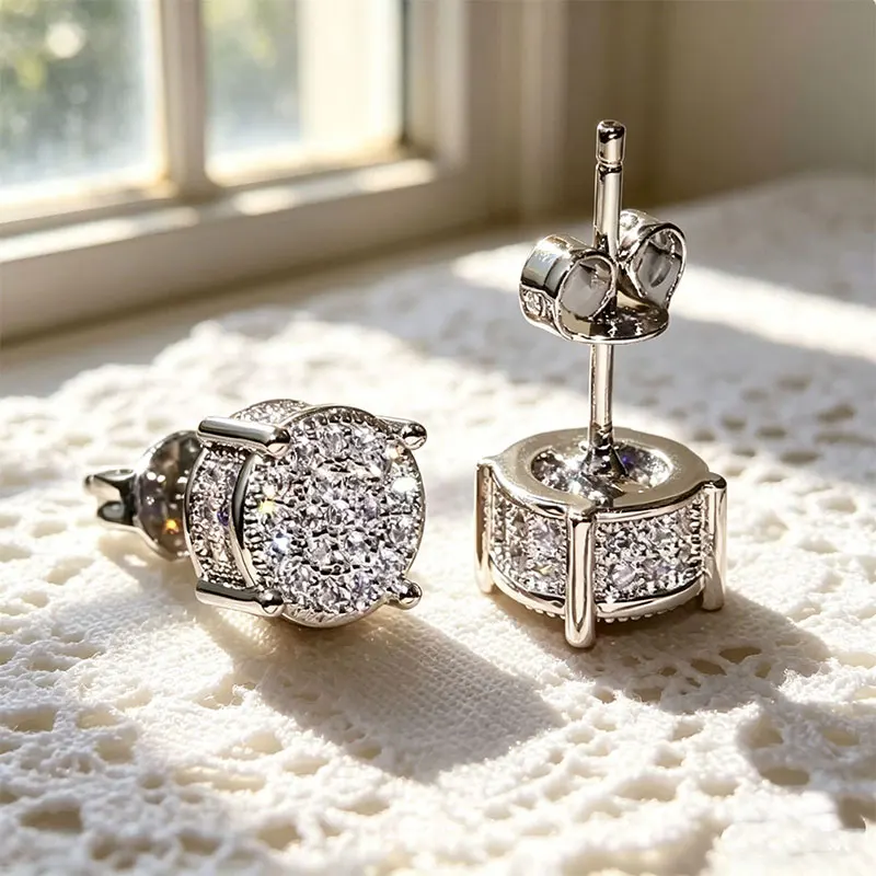 Abestecom D Color VVS1 GRA 3-Sided Full Pave Round Moissanite Stud Earrings Sparkling Multi-Stone Wedding Party Jewelry Gift