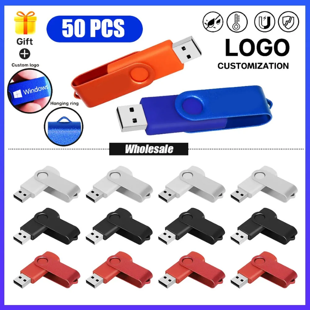 

50 шт./лот USB-флешки 4 ГБ, 2 ГБ, 1 ГБ, 128 МБ, 512 МБ, 32 ГБ, 16 ГБ, 8 ГБ, оптом, металлические, с возможностью нанесения логотипа