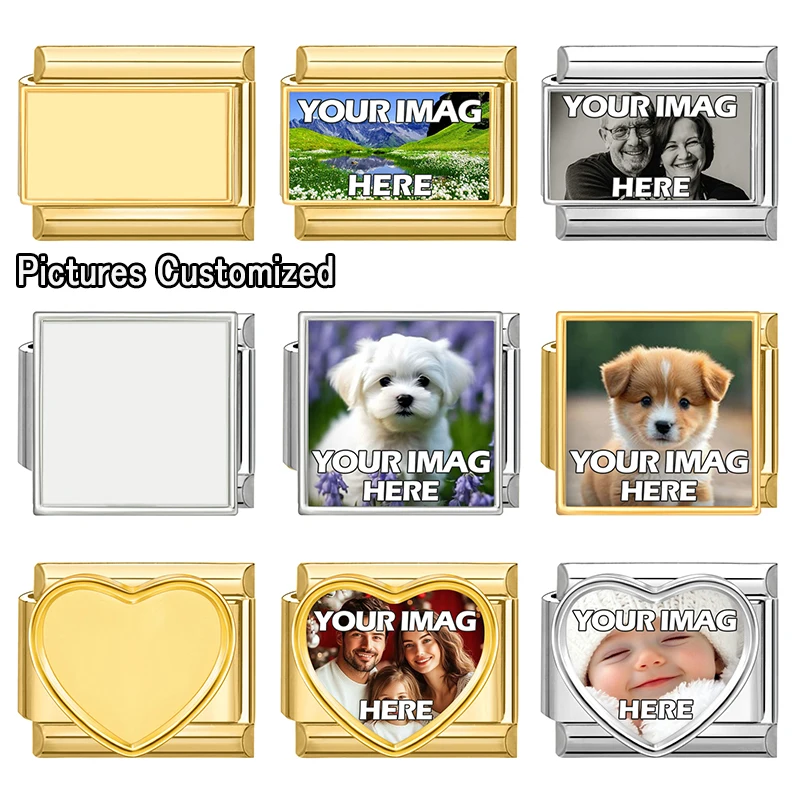 New Personalised Photo Pictures Customized Italian Charms Link for 9mm Stainless Steel Bracelets Family Pets Image Custom Gifts