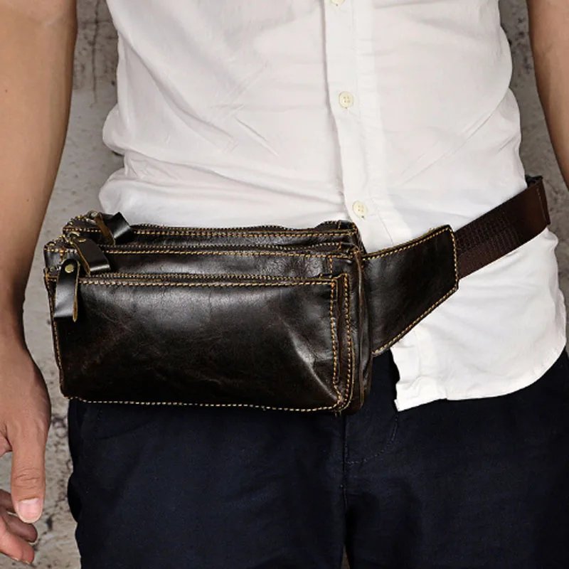 YIANG Men Genuine Oil Wax Leather Fanny Pack Waist Bag Real Cowhide 9 inch Cell Phone Case Belt Purse Pouch Male Chest Bag