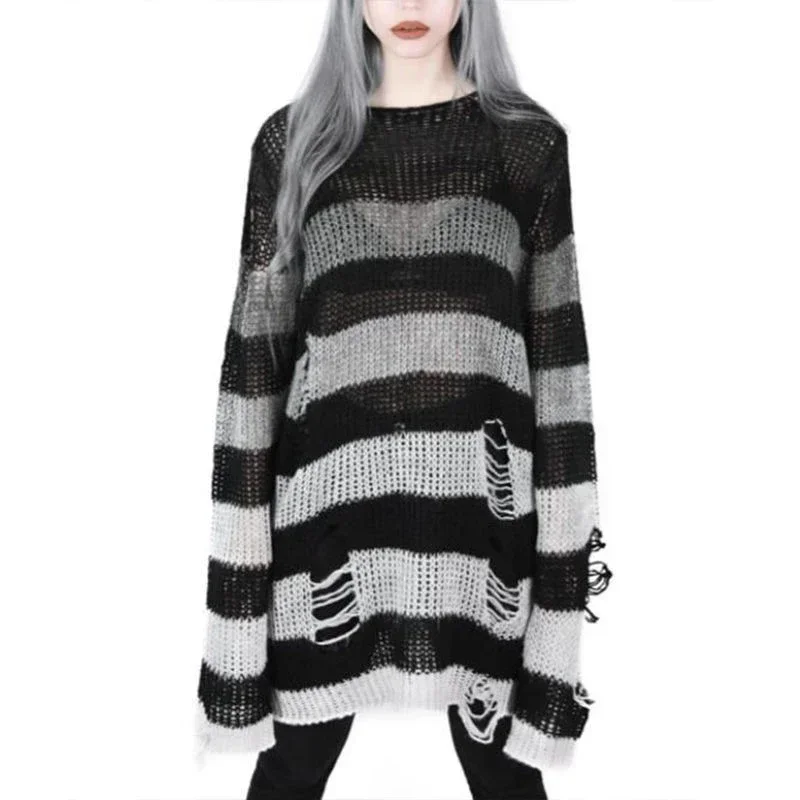 Goth Punk Gothic Sweater Oversized Pullovers Women Striped Cool Hollow Out Hole Broken Jumper Harajuku Aesthetics Sweater