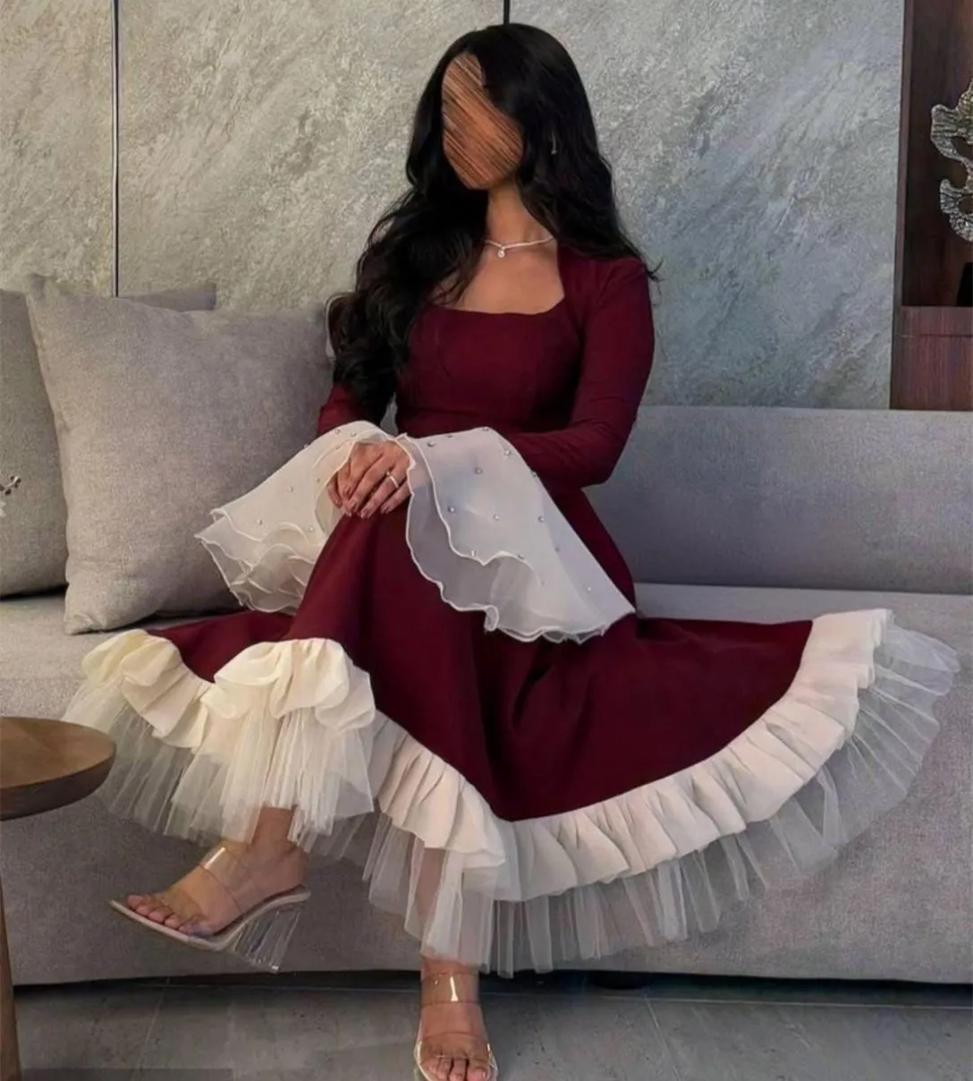 Op maat gemaakte korte crêpe avondjurken met ruches A-lijn crêpe vierkante hals geplooide theelengte bruiloftsgastjurk voor dames