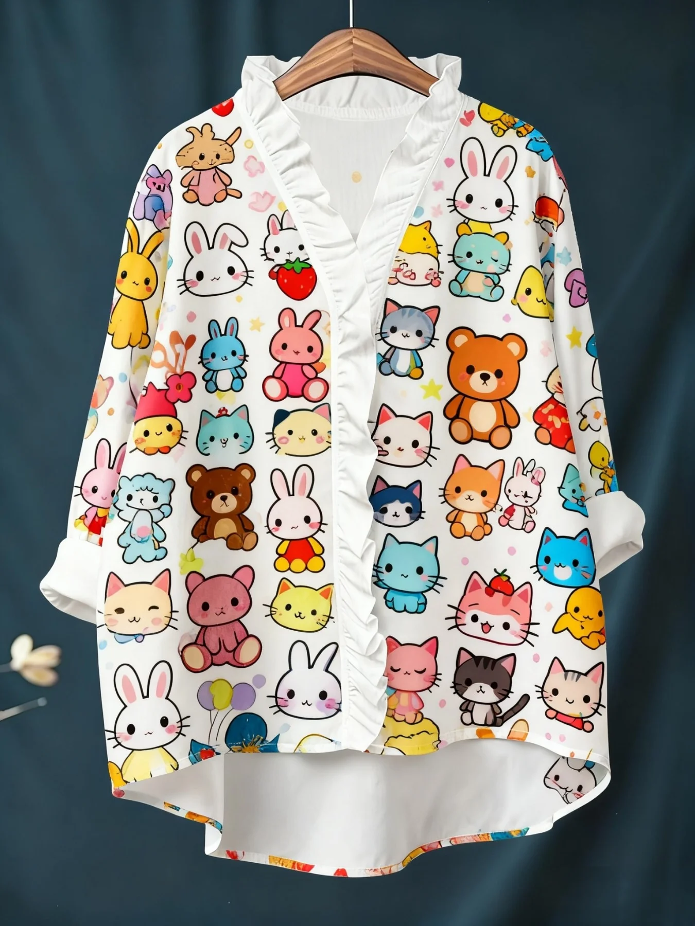 New women's printed long sleeved shirt with ruffled neckline, It's an elegant, atmospheric, and comfortable plus size top