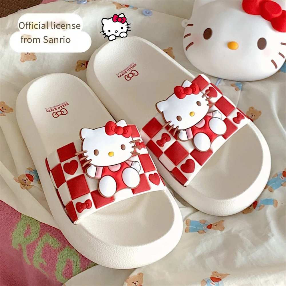 2025 Sanrio Hello Kitty Checkerboard Slippers for Women Cute Red White Non-Slip Soft Sole Casual Indoor Outdoorsummer Slides