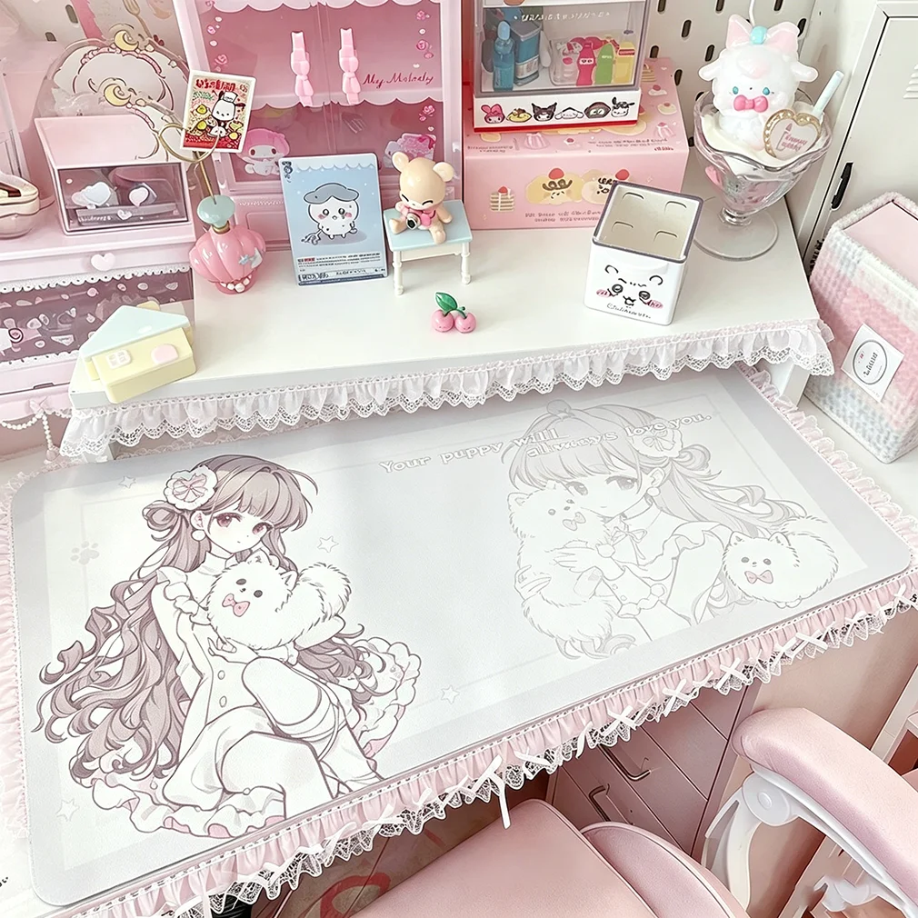Leather Desk Pad Protector Pink Japanese Anime Girl Y2K Kawaii Sweet Kitten Mouse Pad Office Desk Mat PU Desk Blotter Pad