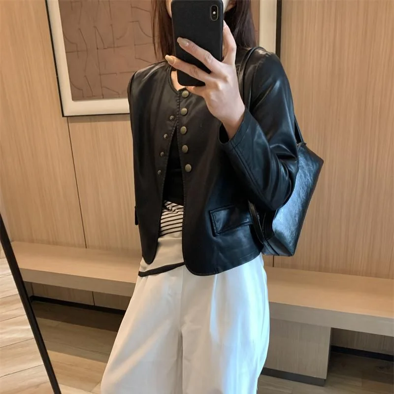 

Women's Short Motorcycle Coat round-neck long sleeve PU Leather Jacket New 2026 Spring Autumn Fashion Outerwear Tops Female