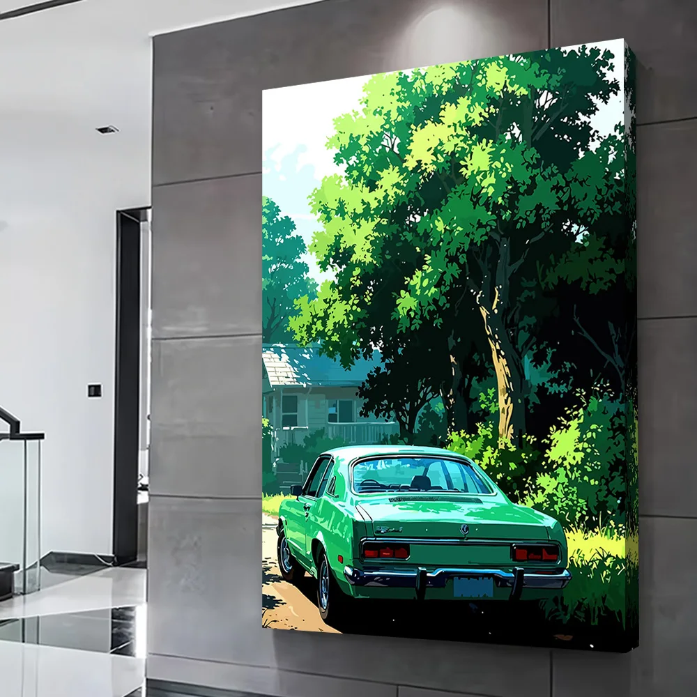 Green Car in a Rural Setting Poster Customizable Printed Canvas Painting for Pictures Wall Art Interior Accessories Wand Deko