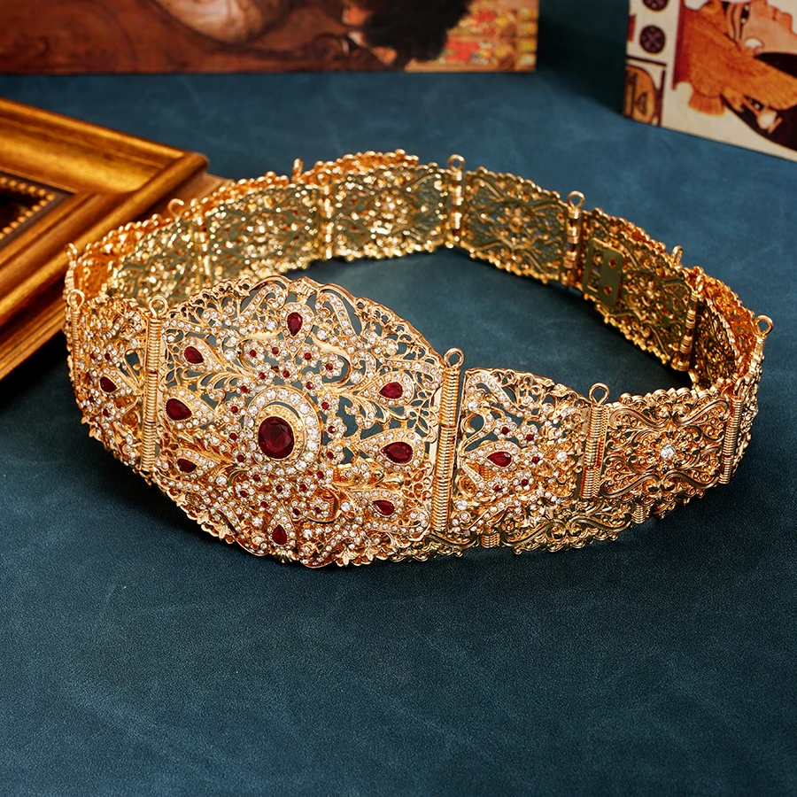 Ceinture de mariée marocaine de luxe, strass couleur or, longue chaîne pour femmes, bijoux Caftan, ceintures ethniques musulmanes pour robe de mariage